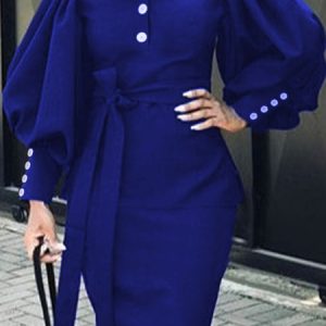Lantern Sleeve Elegant Crew Neck Regular Fit Shirt With Belt, Blouses and Shirts, color:Blue|size:XXL, Stylewe