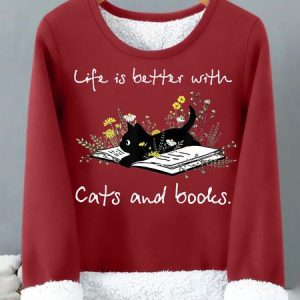 WomenвЂ™s Life Is Better With Cats And Books Casual Text Letters Sweatshirt, Hoodies&Sweatshirts, Lilicloth.com