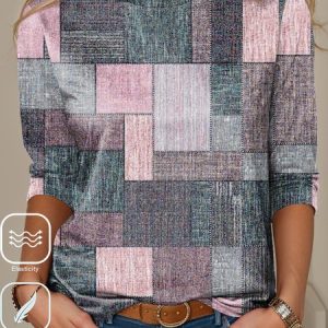 Casual Color Block Crew Neck Long Sleeve T-shirt, T-shirts, color:Multicolor|size:XXL, catalog Noracora shop