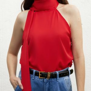 Daily Regular Fit Elegant Plain Halter Shirt, Blouses and Shirts, color:Red|size:XS, Stylewe