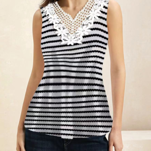 Women's Casual Lace Collar Striped Tank Top, Tanks & Camis, color:Black-white|size:XXL, catalog Noracora shop