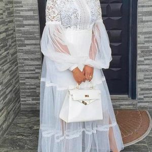 Elegant Lace High Waist Midi Dress With No Belt, Maxi Dresses, color:White|size:XXL, Stylewe