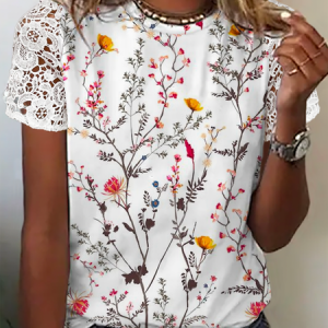 Lace Crew Neck Floral Casual Top, Blouses, color:White|size:XXL, Noracora