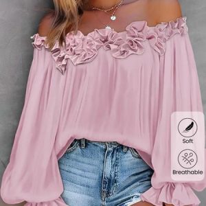 Women's Blouse Frill Trim Cold Shoulder Long Sleeve Plain Regular Loose Shirt, Blouses, color:Pink|size:XXL, Noracora
