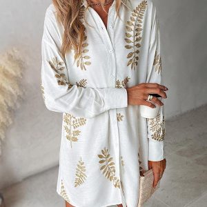 Leaf Embroidery Long Sleeve Shirt Dress, Shirt Dresses, chicme - Women's Fashion Online