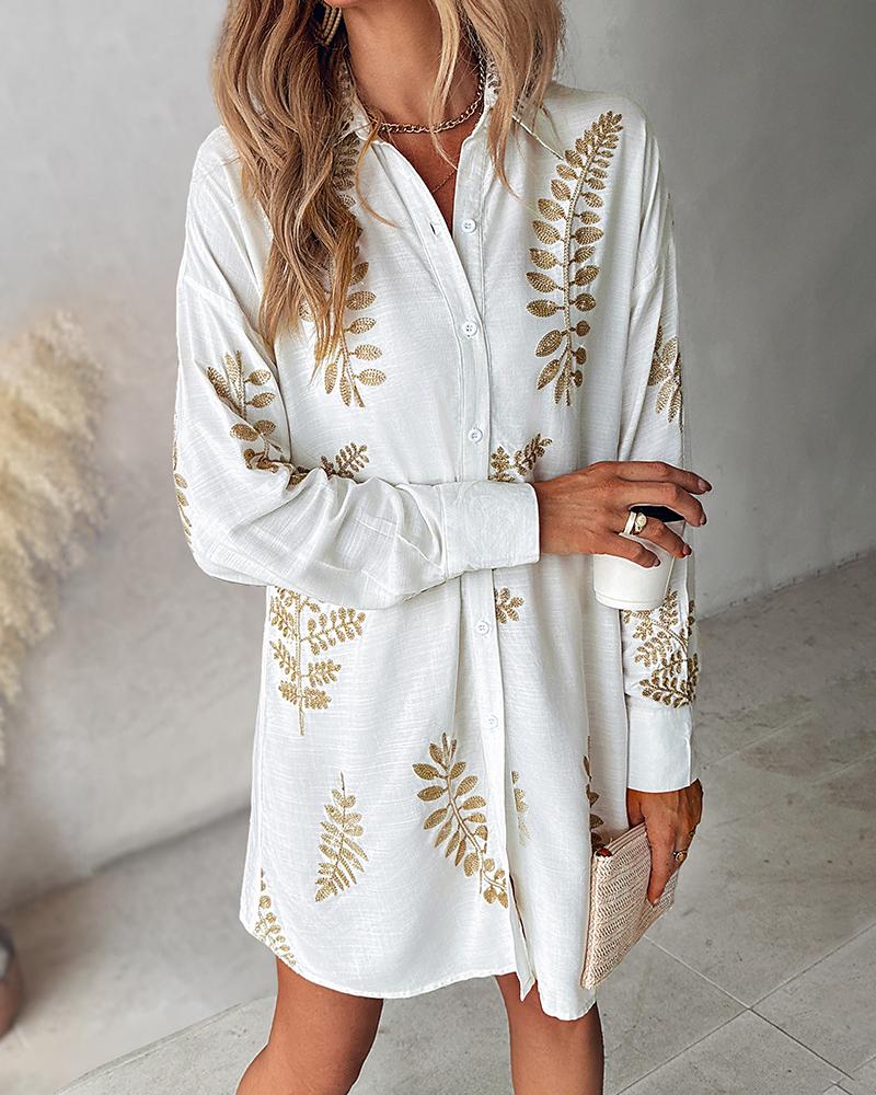Leaf Embroidery Long Sleeve Shirt Dress, Shirt Dresses, chicme - Women's Fashion Online