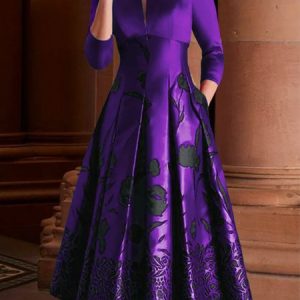 Elegant Notched Neck Floral Midi Pocket Dress, Midi Dresses, color:Purple|size:XXL, Stylewe
