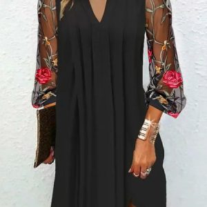 Women Floral V Neck Long Sleeve Comfy Casual Mesh Short Dress, Dresses, color:Black|size:XXL, Noracora