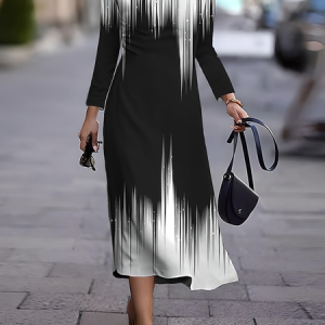 Women Color Block Crew Neck Long Sleeve Comfy Casual Maxi Dress, Dresses, color:Black-white|size:3XL, Noracora