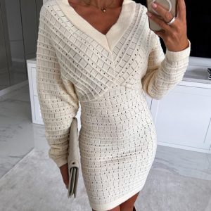 V-Neck Hollow Out Long Sleeve Knit Dress, Long Sleeves Dresses, chicme - Women's Fashion Online