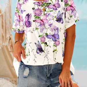 Women The New Casual Butterfly Print T-Shirt, T-shirts, color:White|size:3XL, Noracora