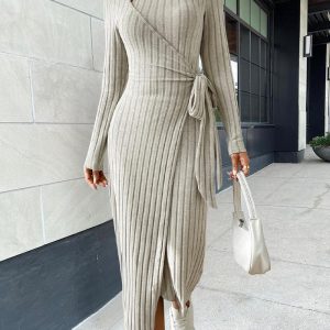 Ribbed Tied Detail Wrap Casual Dress, Casual Dresses, chicme - Women's Fashion Online