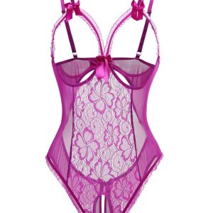 Bowknot Open Crotch Floral Lace Crotchless Teddies, Teddies, chicme - Women's Fashion Online