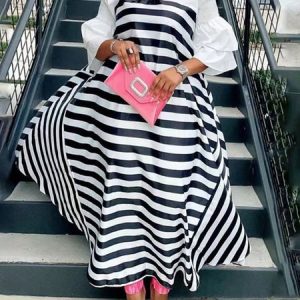 Half sleeve Elegant Shirt Collar Striped Loose Dress, Maxi Dresses, color:White|size:XXL, Stylewe