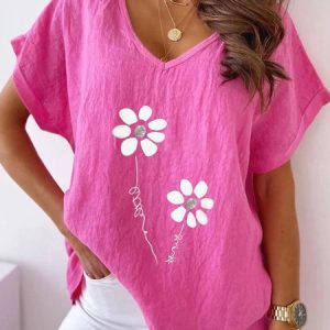 Casual Floral V Neck Loose Short Sleeve Top, Blouses, color:Rose Red|size:XXL, Noracora