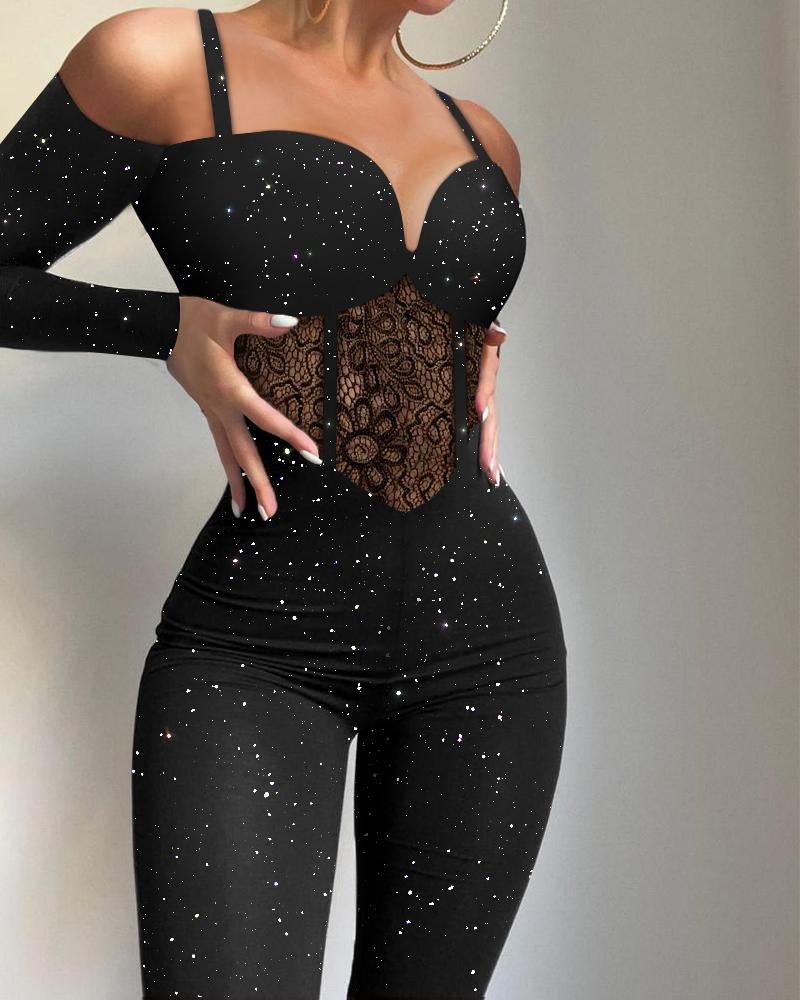 Glitter Cold Shoulder Adjustable Spaghetti Straps Lace Spliced Overalls Slim Fit Zipper Back Corset Jumpsuit, women Jumpsuits, ChicMe catalog