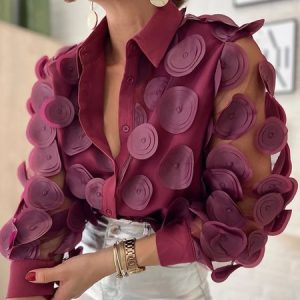 Shirt Collar Urban Plain 3D Floral  Regular Fit Blouse, Blouses and Shirts, color:Fuchsia|size:XXL, Stylewe