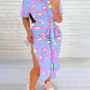 Plus Size Pink Leopard Print Draped Slit Casual Dress, Casual Dresses, chicme - Women's Fashion Online