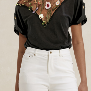 Casual Embroidery Patterns Crew Neck Short Sleeve T-shirt, T-shirts, color:Black|size:XXL, Noracora