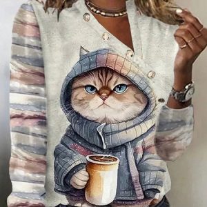 Asymmetrical Collar Casual Cat T-Shirt, Long sleeves, Lilicloth.com