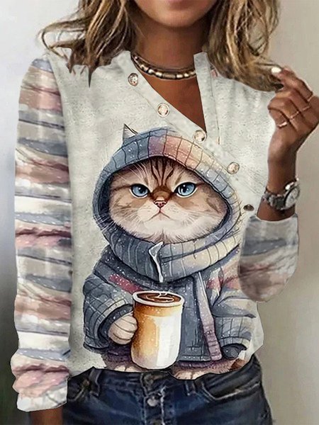 Asymmetrical Collar Casual Cat T-Shirt, Long sleeves, Lilicloth.com