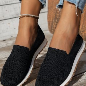 Sports Plain Breathable Slip On Flat Heel Fly Woven Shoes, Sneakers&Athletic, color:Black|size:43, Noracora