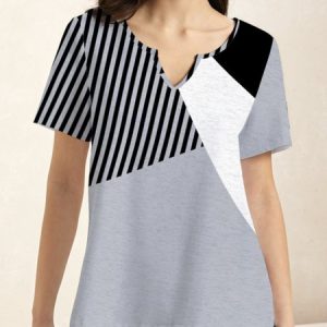 Women Casual Striped Notched Colorblock Short Sleeve T-shirt, T-shirts, color:Black-grey|size:XXL, Noracora
