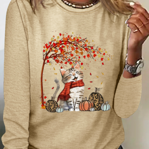 Autumn Cat Cotton-Blend Casual Shirt, Long sleeves, Lilicloth.com
