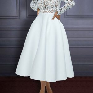 Long Sleeve Elegant Hollow Out Stand Collar Lace Dress, Midi Dresses, color:White|size:XXL, Stylewe