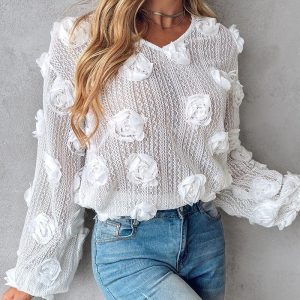 Floral Pattern Beaded V-Neck Top, Blouses & Shirts, chicme - Women's Fashion Online