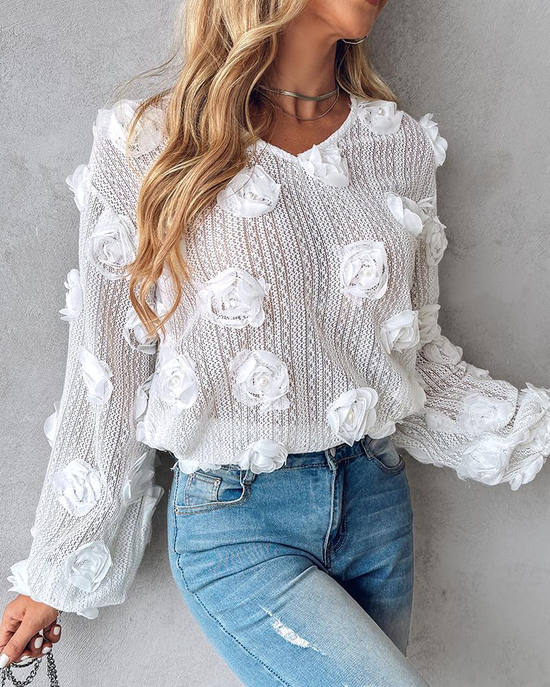Floral Pattern Beaded V-Neck Top, Blouses & Shirts, chicme - Women's Fashion Online