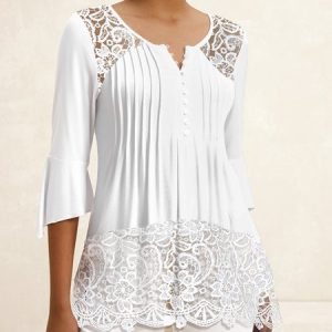 Casual Plain Half Open Collar Three Quarter Sleeve Lace T-shirt, T-shirts, color:White|size:XXL, catalog Noracora shop
