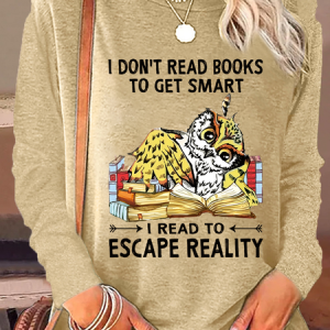 Women's I Don't Read Books Letter Owl Print Letters Casual Crew Neck Shirt, Long sleeves, Lilicloth.com