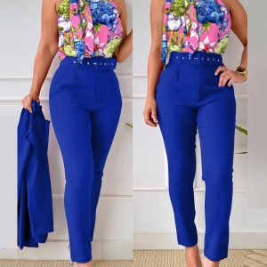 Floral Print Tie Neck Tank Top & High Waist Pants Set, Two-piece Sets, chicme - Women's Fashion Online