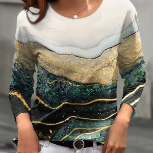 Knitted Crew Neck Abstract Casual T-Shirt, Long sleeves, Lilicloth.com