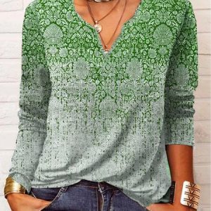 Ethnic Long Sleeve Notched Casual Tunic Blouse, T-shirts, color:Green|size:3XL, Noracora