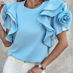 Rose Detail Ruffle Hem Top, Blouses & Shirts, chicme - Women's Fashion Online