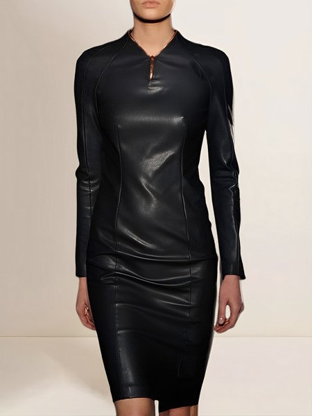 Urban Color Block V Neck PU Faux Leather Dress, Mini Dresses, color:Black|size:XXL, Stylewe