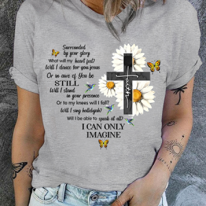 Women's Cotton Mercyme I Can Only Imagine Daisy Cross Christian Casual T-Shirt, T-shirts, Lilicloth.com