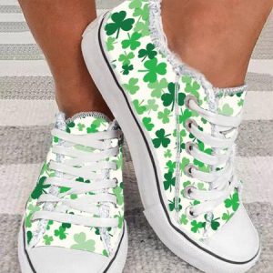 Women's Casual Shamrock Printing Lace-Up Canvas Shoes, Sneakers, color:Green|size:43, JustFashionNow