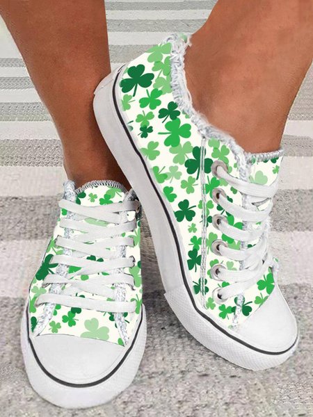 Women's Casual Shamrock Printing Lace-Up Canvas Shoes, Sneakers, color:Green|size:43, JustFashionNow
