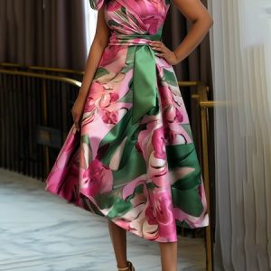 Floral Asymmetrical Elegant Regular Fit Dress, Midi Dresses, color:As Picture|size:XXL, Stylewe