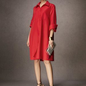 Shirt Dress Long sleeve Plain Simple Shirt Dress, Midi Dresses, color:Red|size:XS, Stylewe