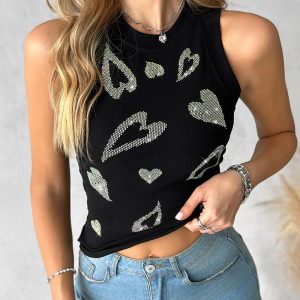 Rhinestone Heart Pattern Tank Top, Tanks & Crop Tops, chicme - Women's Fashion Online