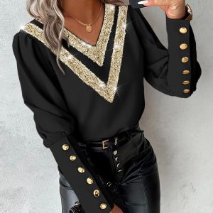 Contrast Sequin Buttoned V-Neck Top, Blouses & Shirts, chicme - Women's Fashion Online