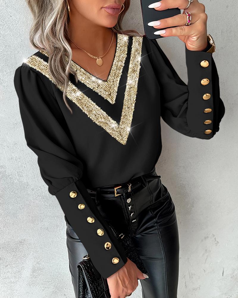 Contrast Sequin Buttoned V-Neck Top, Blouses & Shirts, chicme - Women's Fashion Online