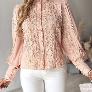 Contrast Lace Stand Collar Buttoned Top, Blouses & Shirts, chicme - Women's Fashion Online