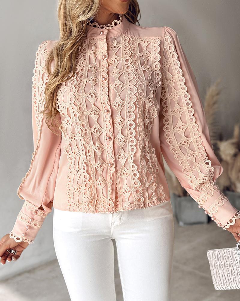 Contrast Lace Stand Collar Buttoned Top, Blouses & Shirts, chicme - Women's Fashion Online