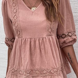 V Neck Short Sleeve Plain Lace Regular Loose Shirt For Women, Blouses, color:Pink|size:XL, Noracora