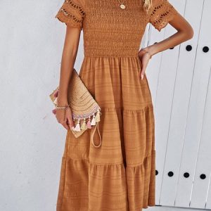 Women Plain Crew Neck Short Sleeve Comfy Casual Midi Dress, Dresses, color:Brown|size:XL, Noracora